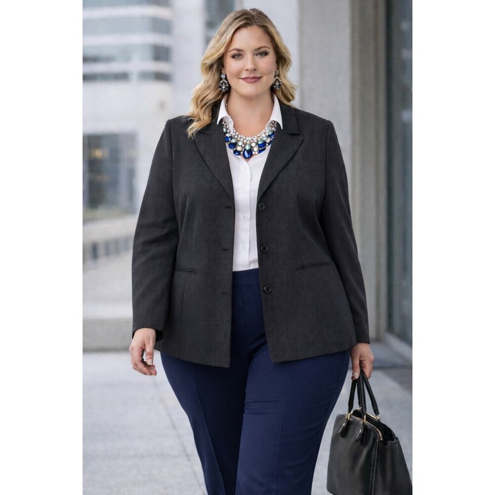 Le Suit Women Black Pinstripe Career Blazer Jacket 16W Plus Lined